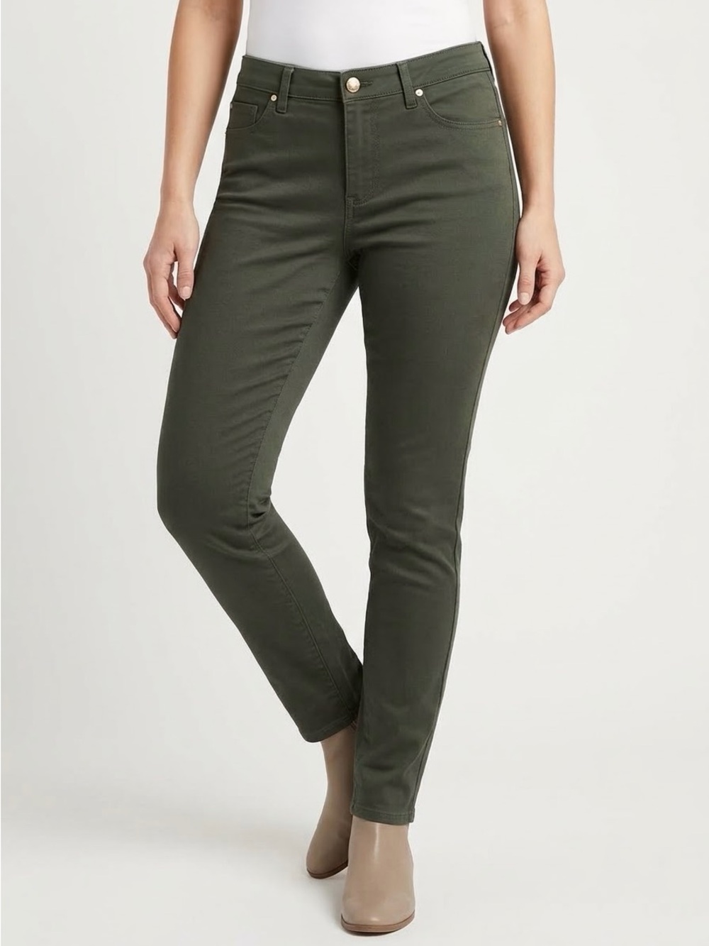 ANNE KLEIN Stretchy Dark Olive Green Skinny Ankle Jeans — #LHP